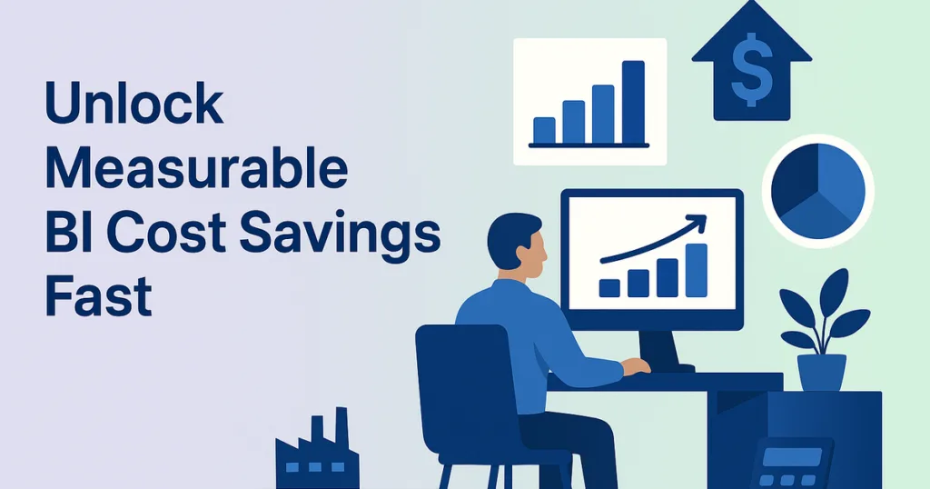 Modern illustration showing BI ROI actions improving KPIs in manufacturing, highlighting quick, cost-saving wins for CFO impact