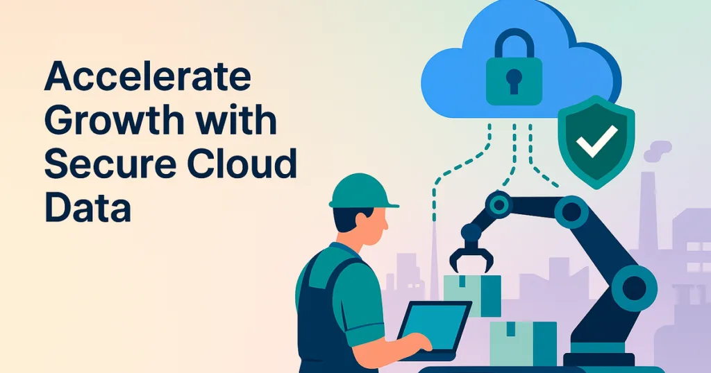 Illustration shows cloud security tools enabling compliance and uptime in a modern manufacturing setting, soft pastel gradient.