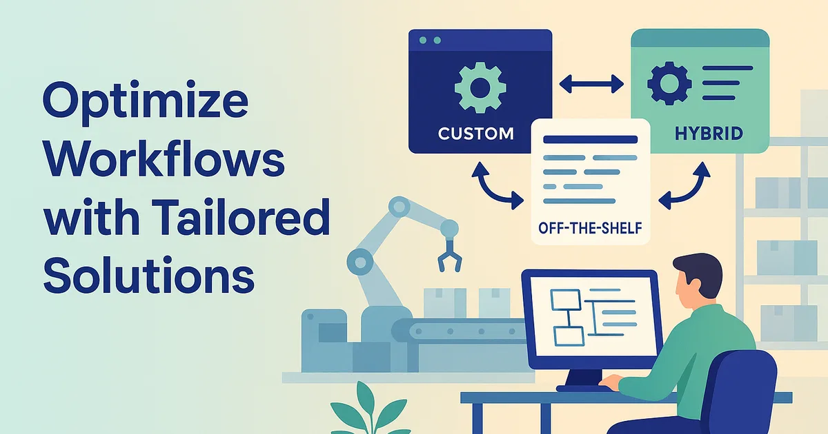 Vector showing custom, off-the-shelf, and hybrid software streamlining workflows in a manufacturing setting with a pastel gradient backdrop.