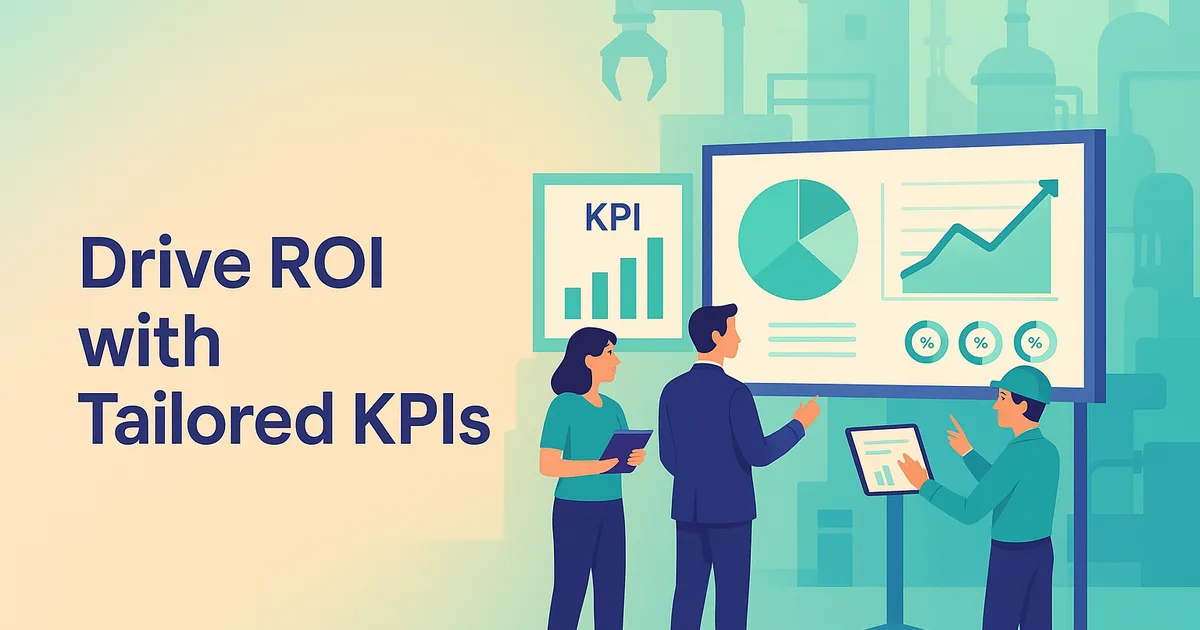Team reviews digital dashboards tracking KPIs for operational, financial, and customer success in a modern manufacturing workspace