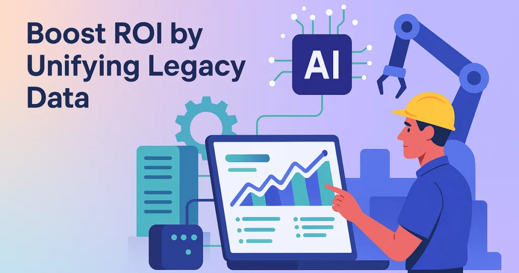 Vector illustration of AI unifying legacy data in manufacturing, visually showing reduced downtime and agile business impact.