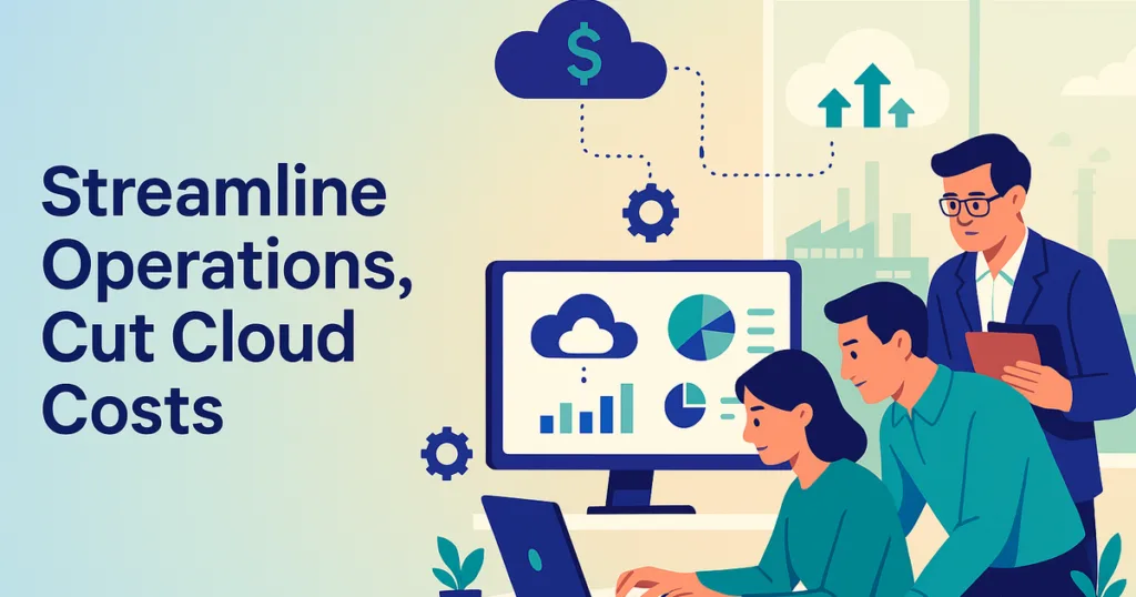 Team manages multi-cloud operations, reducing downtime and costs, on right with pastel gradient and clean, modern layout