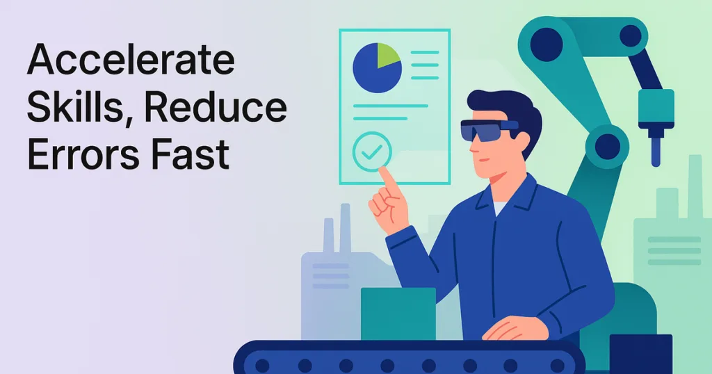 Vector of AR-enhanced training in manufacturing, illustrating error reduction and skill speed, with a pastel gradient background.
