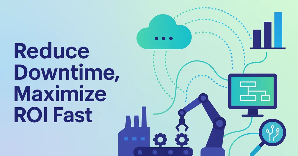 Vector shows data fabric linking enterprise systems and AI analytics in manufacturing, highlighting efficient operations and ROI.