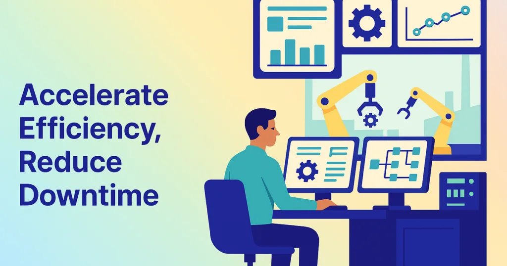 Modern factory control room with automation tools boosting efficiency, pastel gradient background, clean and minimal design