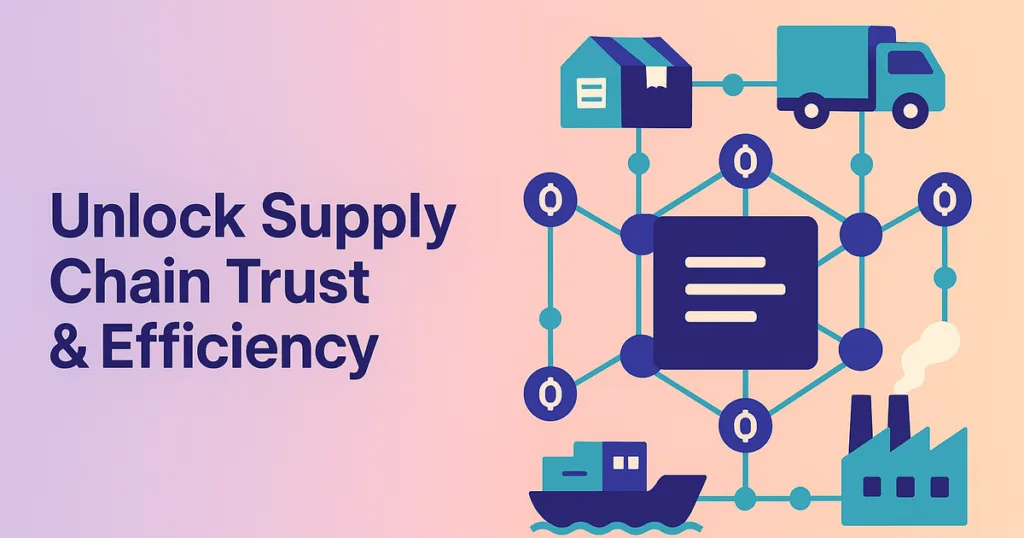 Blockchain-powered supply chain dashboard showing unified, secure data and tokenized asset tracking in a modern office setting