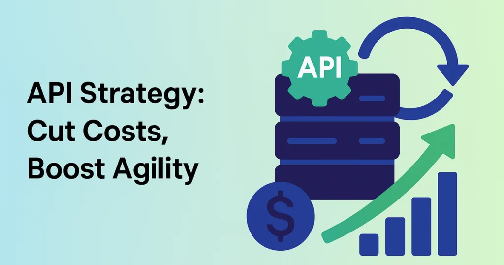 Flat illustration shows API strategy cutting integration costs, enhancing agility in a modern business setting, pastel background.