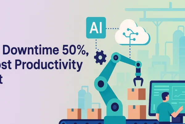 Hyperautomation in manufacturing uses AI and cloud automation to cut downtime and boost productivity on a pastel gradient background.