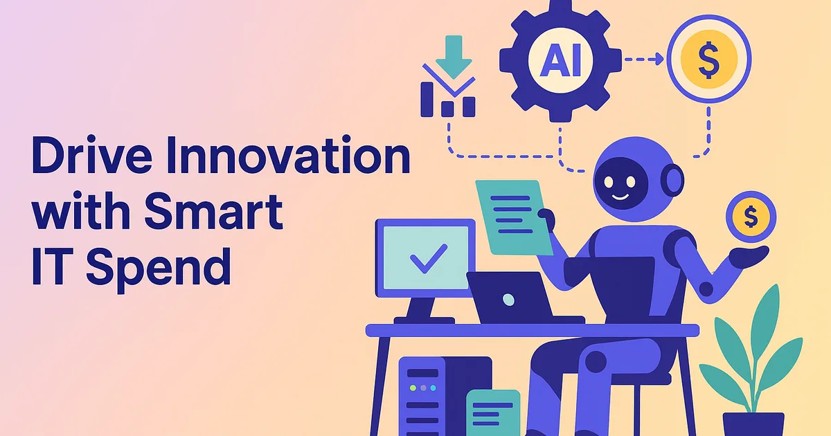test Modern vector of AI-streamlined IT assets optimizing costs in a bright office, symbolizing innovation and waste reduction.