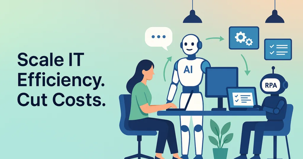 Illustration of AI and RPA optimizing business processes in an office, signaling scalable, cost-effective IT efficiency solutions.
