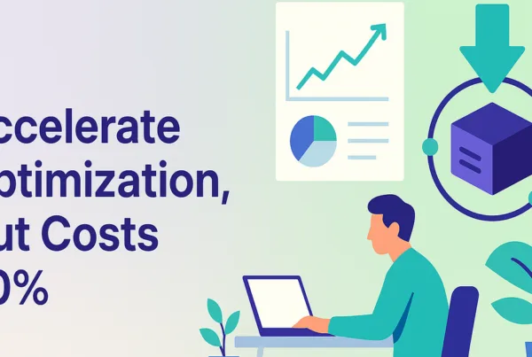 Quantum computing accelerates enterprise optimization and savings, shown in a modern office with a pastel gradient backdrop.